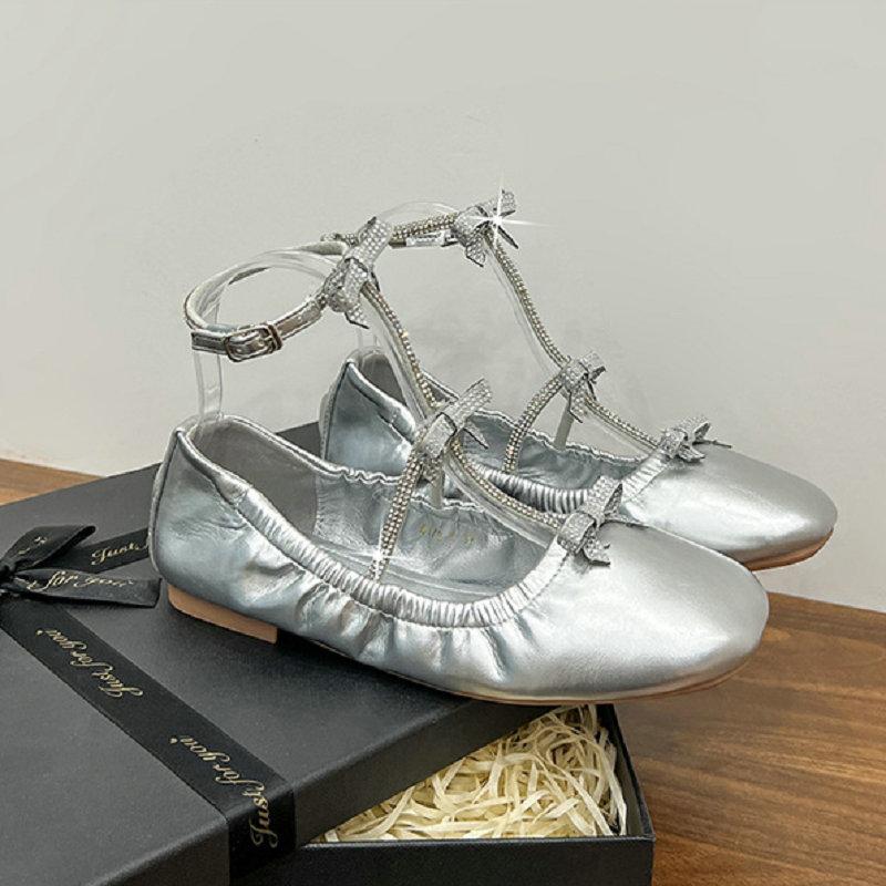Spring 2026 new French retro heavy industry water diamond bow shallow toe flat ballet single shoe for women Mary Jane