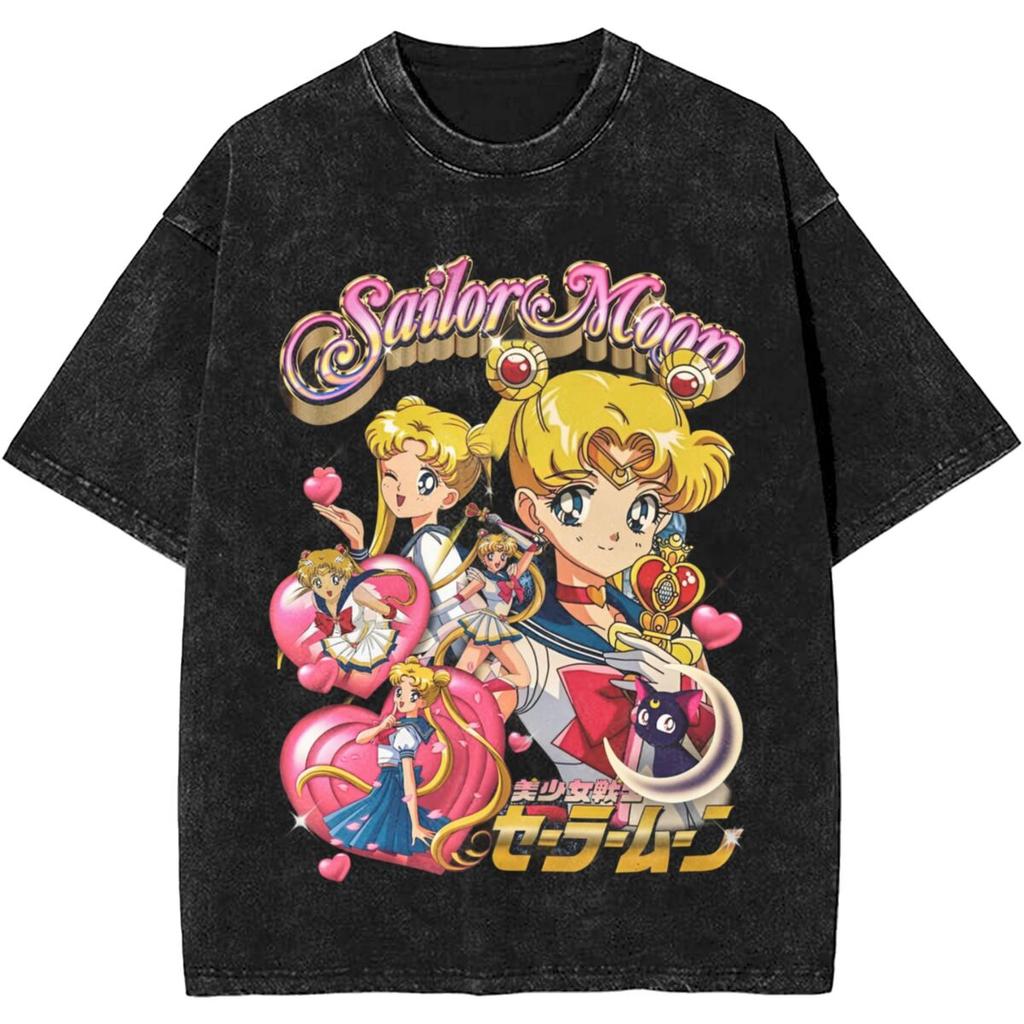 New Edition Pretty Sailor Moon Graphic Print TShirt Vintage Cotton Washed ShortSleeved Top for Men Women Streetwear