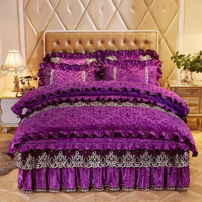 Размер King Size/Queen Size/Twin Size Кружевная утолщенная стеганая юбка-кровать Пододеяльник Наволочка Комплект из четырех предметов Утолщенное теплое постельное белье с вышивкой Высокое качество