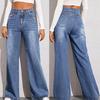 High Waist Denim Pants Buttons Zipper Closure Straight Wide Leg Long Trousers with Pockets Versatile Casual Jeans