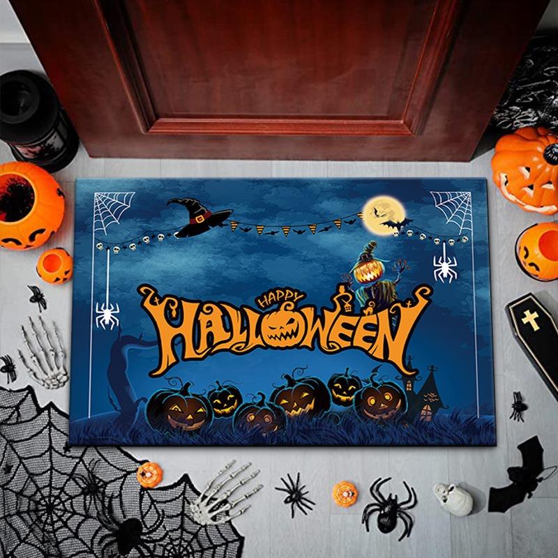 Halloween Themed Door Mat With Spooky Patterns Like Ghosts Bats Black Cats Pumpkins Non Slip Durable Entrance Rug Indoor