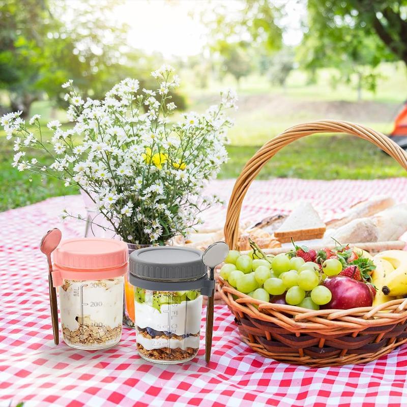 1/2Pcs350ml Overnight Oat Cup Glass With Lid And Spoon Seal Food Breakfast Cup Portable Cereal Milk Salad Yogurt CupKitchen Item