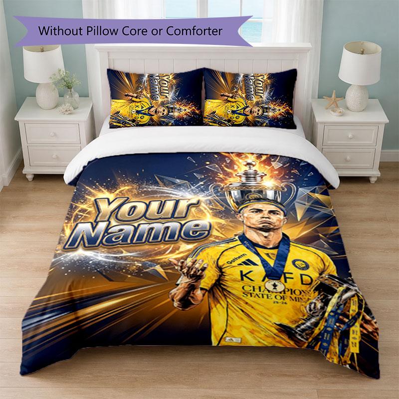 Cristiano Ronaldo Custom Name Text Bedding Set 1 Duvet Cover+2 Pillowcases Soccer Logo Personalized Gift For Special Occasion Bedroom Decor