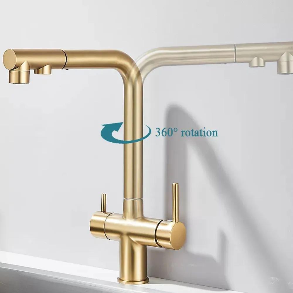 Kitchen Pull-out Filtered Faucet Black Brass Purifier Faucet 360 Rotation Dual Sprayer Drinking Water Tap Vessel Sink Mixer Tap