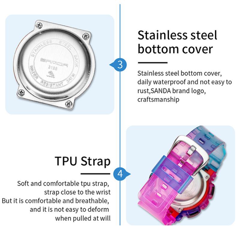 SANDA New Product Gradient Multiple Colors Frozen Couple Style Men's and Women's Fashion Trend Multi -functional Waterproof Electronic Watches