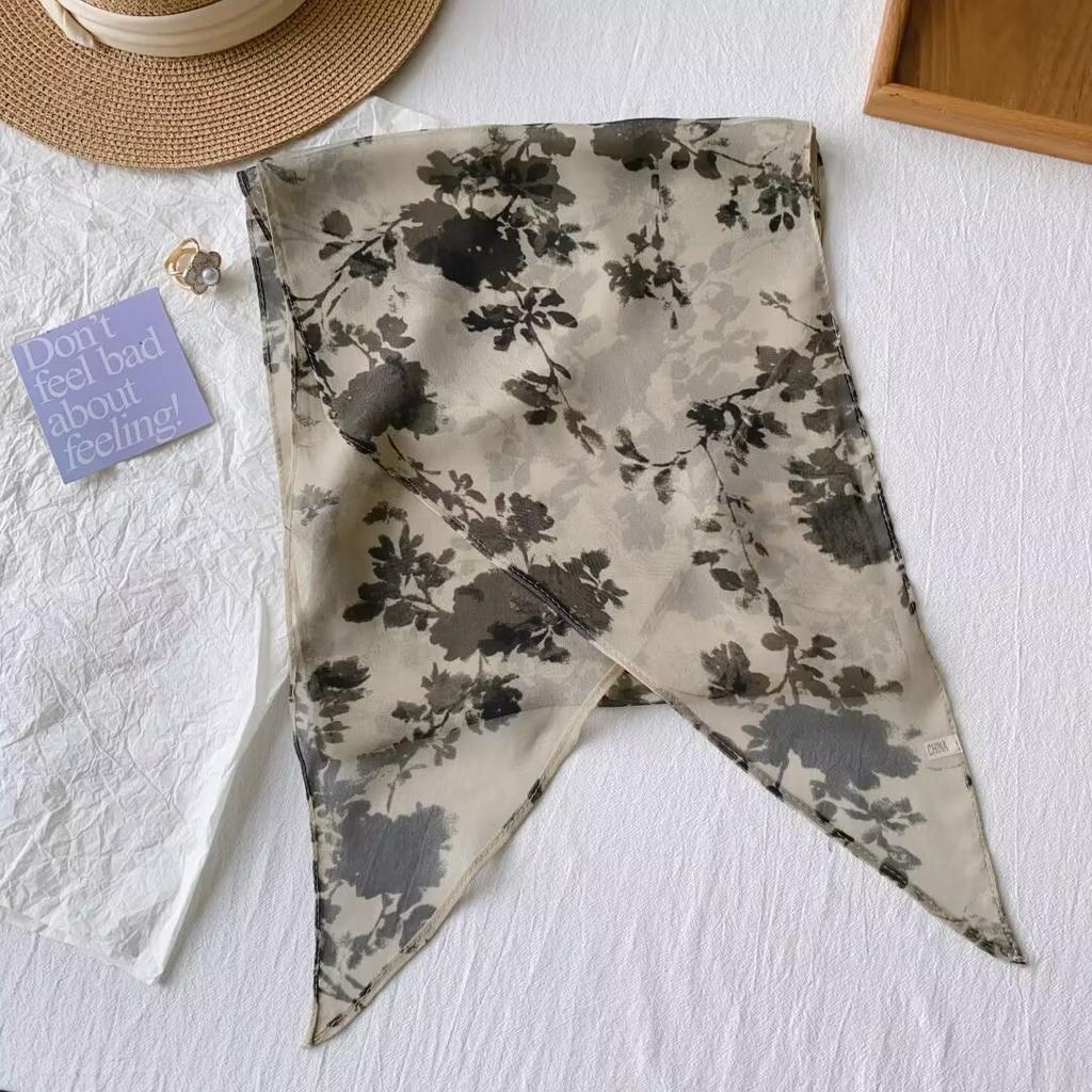 Chinese retro style trace flower rhyme multi-functional silk scarf women's workplace commuter shawl spring and summer light scarf wear streamer