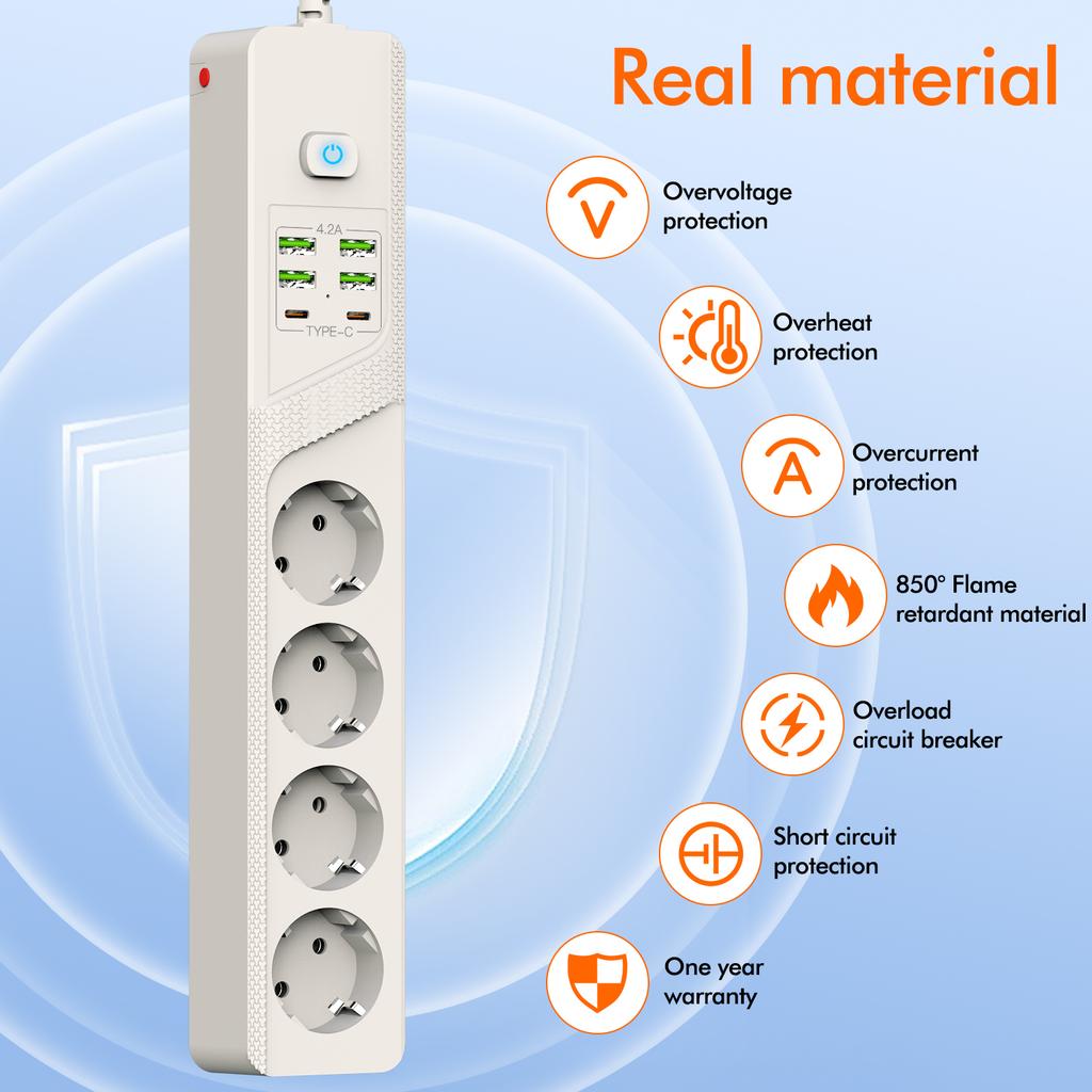 Сетевой фильтр с вилкой EU, защита от перегрузки, розетка-мультиразветвитель с 4 розетками переменного тока, 4 портами USB-A, 2 портами USB-C, сетевой фильтр для дома