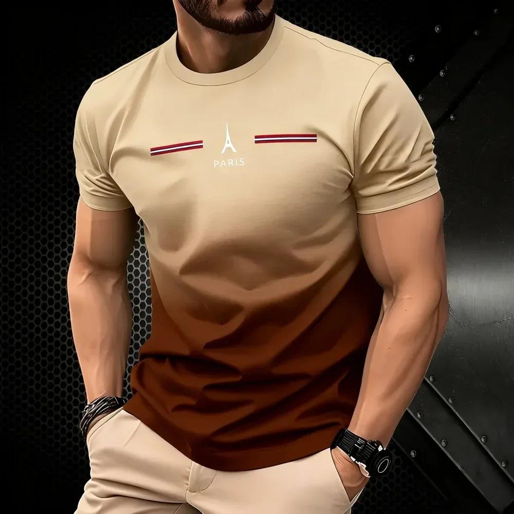 3D Paris Letter Printed Men's T-shirt Trend Gradient Color Summer Short Sleeved Top Casual Cool Street Hip-hop O-neck Clothing