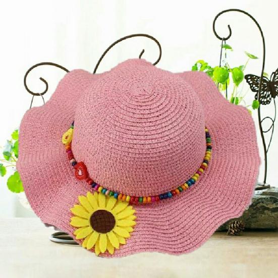 Шляпа от солнца для мальчиков и девочек, солнцезащитный дизайн, дышащая пляжная шляпа, волнистые поля, желтые цветы, бусины, плетеная соломенная шляпа