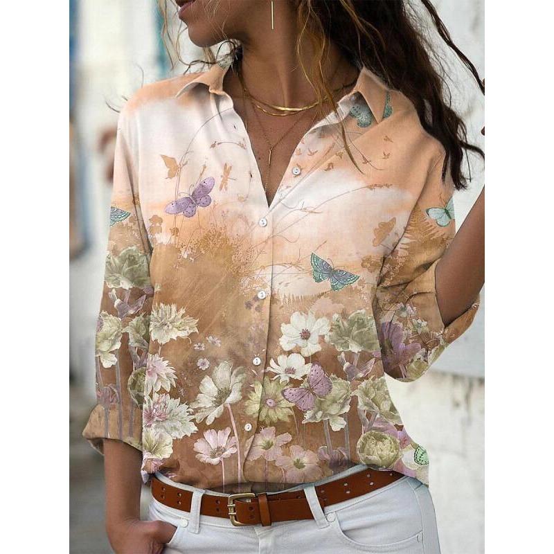 Spring and Autumn Women's Plus Size Shirt Printed Long Sleeve Lapel Shirt