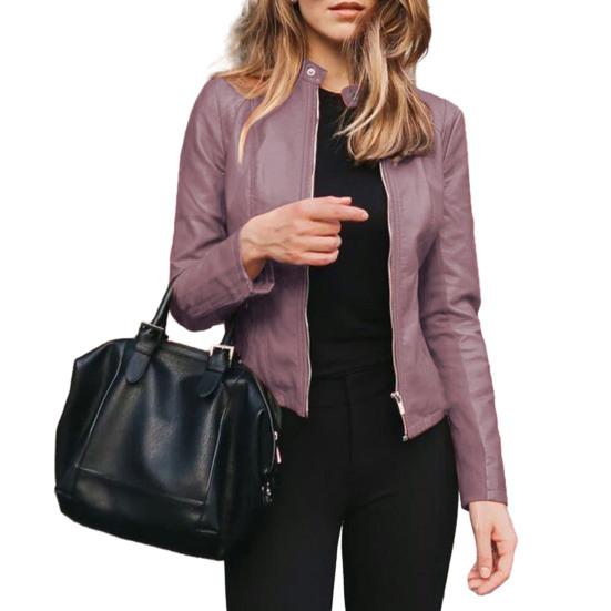 Женская осенне-весенняя куртка из гладкой искусственной кожи, сплошной цвет, на молнии с длинным рукавом, ветрозащитный воротник-стойка, облегающее женское мотоциклетное пальто