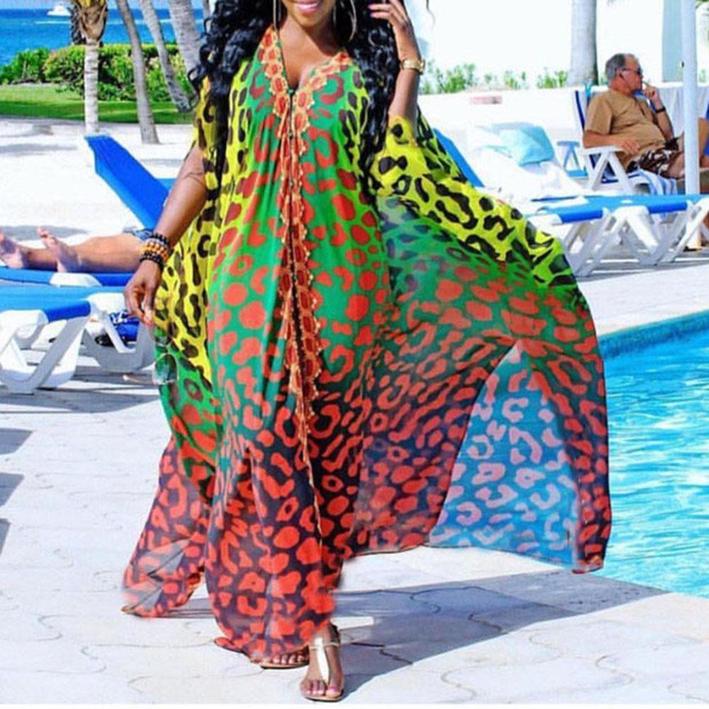 Summer new European, American and African INS chiffon elegant and flush V-neck single-breasted dress skirt women