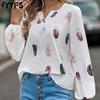 Women's Fashion Casual Spring Autumn Feather Print Long Sleeve V-Neck Blouses & Shirts