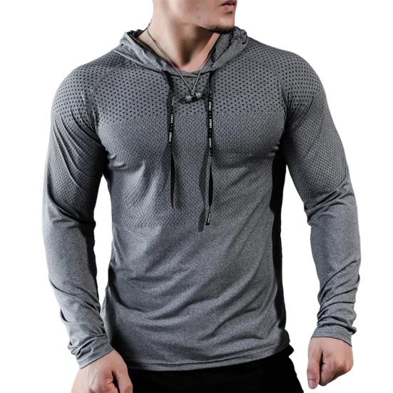 Men Sport Top Drawstring Hooded Long Sleeve Slim Fit Soft Breathable High Elasticity Quick Dry Hollow Mesh Jogging Training Summer Spring Sweatshirt