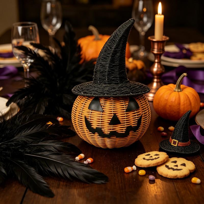 Hand Knit Pumpkin Decor With Witch Hat Halloween Party Table Setting Home Decoration