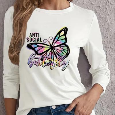 Топы для женщин с принтом бабочки Авроры, круглым вырезом и длинным рукавом, футболка, осенний повседневный тонкий пуловер, женский топ с длинным рукавом