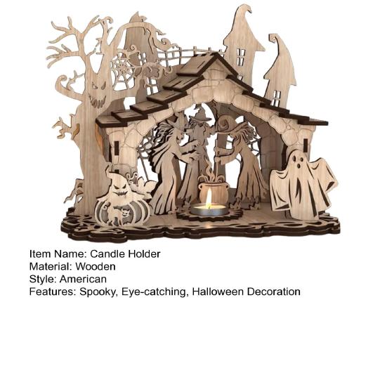 Halloween Candle Holder Spooky Wooden Witch Ghost House Candlestick Decoration for Home Indoor Party Decor