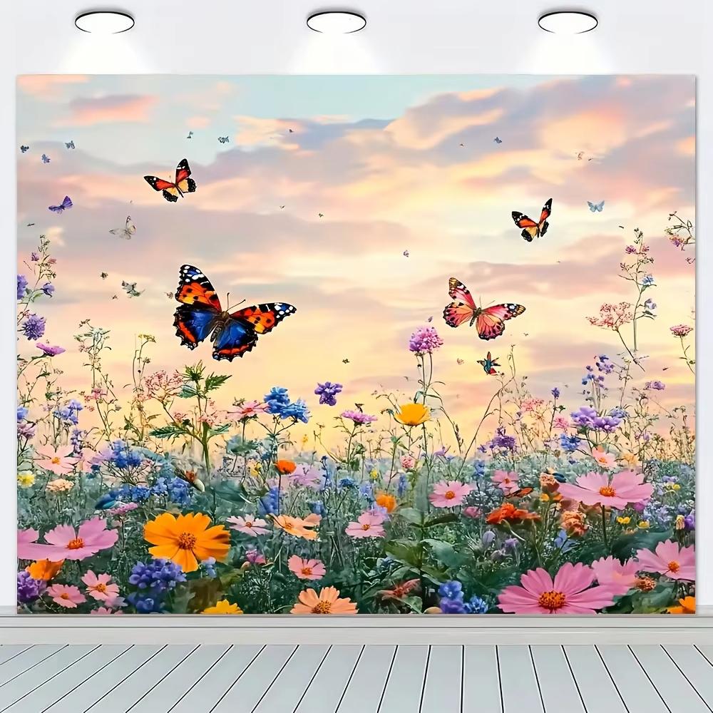 VIKAMA Pink Cosmos Purple Flower Sea Butterfly Tapestry Small Flowers Living Room Feature Wall Decorative Hanging Canvas