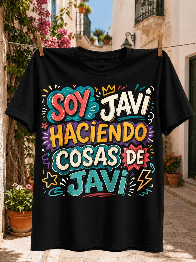 Soy Javi Haciendo Cosas de Javi Featuring stacked words with crown stars lightning and doodle Unisex All TShirt