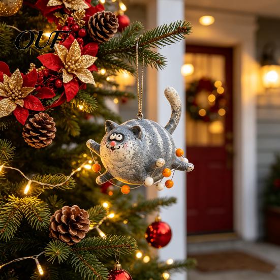 Christmas Tree Hanging Decoration Flying Chubby Cat Ornament, Vintage 2D Acrylic Kitten Pendant with Blue Style Decor Stripe Design, Cute Car