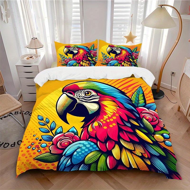 3pcs Parrot Flowers 1Cover + 2Pillowcases, PillowInserts NotIncluded, Machine Washable, All - Season Use, Suitable for Bedroom Guest Room60