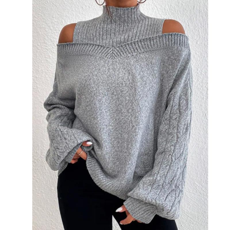 Женский свободный зимний свитер с открытыми плечами и полувысоким воротником Вязаный свитер женский
