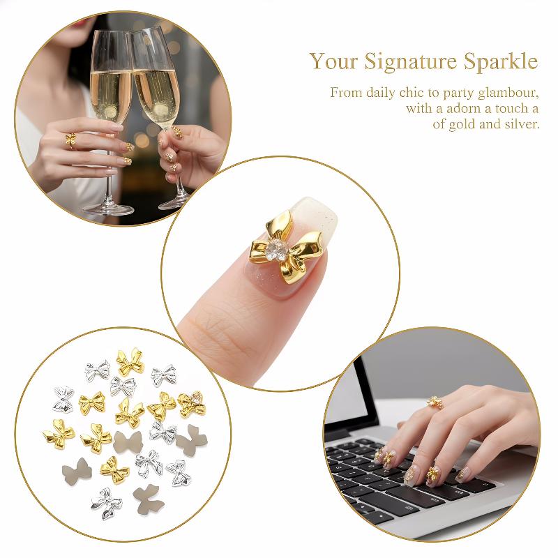 Nail Art Rhinestones Bow Charms 50Pcs Gold Silver Resin Decorations for Creative Manicure Styling