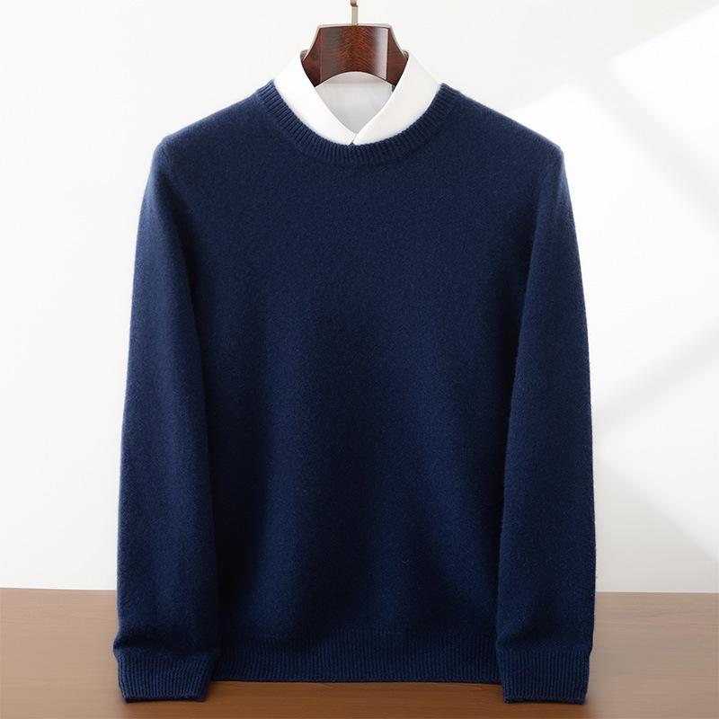 Мужской кашемировый свитер с круглым вырезом, плотной вязки, однотонный - Business Casual, свободная вязка, базовый слой для осени и зимы