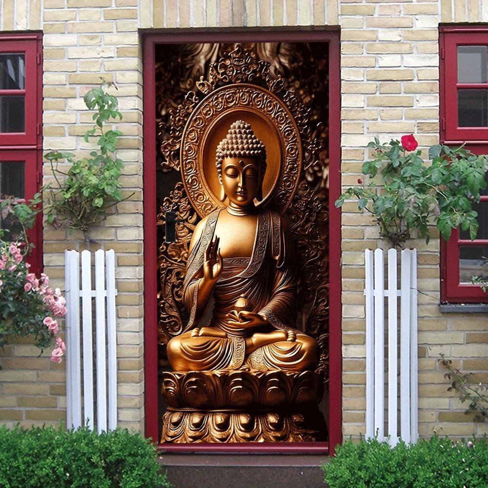 2pcs features a golden Buddha statue as the main body, with a serene face, sitting cross legged, wearing a gorgeous robe, and ex