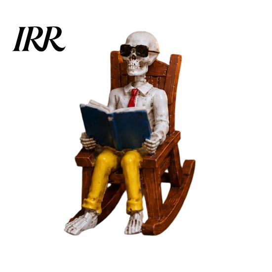 Collectible Skeleton Shelf Sitter Halloween Figurine, Resin Sitting on Rocking Chair Statue, Drinking Funny Dark Holiday Figurines Coffee Crocheting