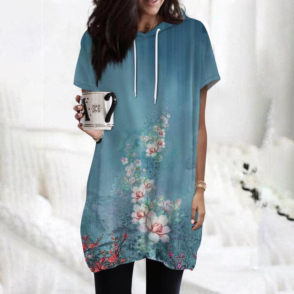 Women's  Hoodies Casual Short Sleeve Shirts Fashion Print Tunic Tops With Pockets