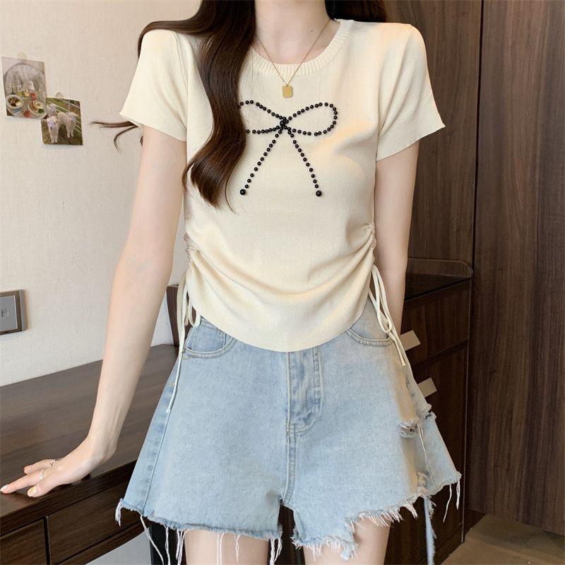 French Sweet Design with A Cinched Waist Knit Sweater Women's Summer Slim Fit Versatile Short Top