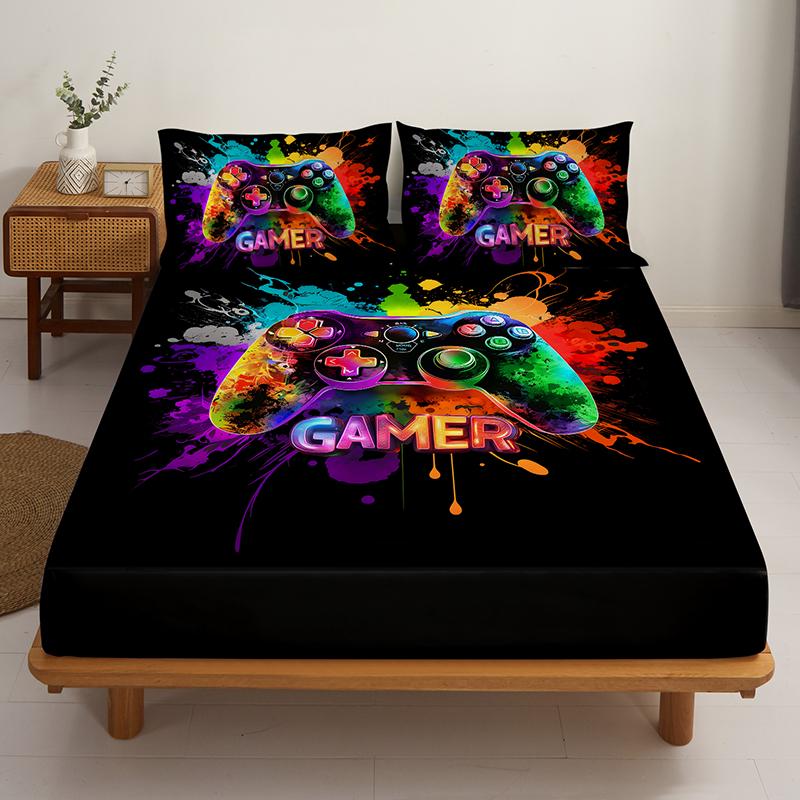 3PC Oil Color Game Console Bed Sheet, 1 Fitted Sheet+2 Pillowcases, Digital Printing Technology, Comfortable and Soft Fabric