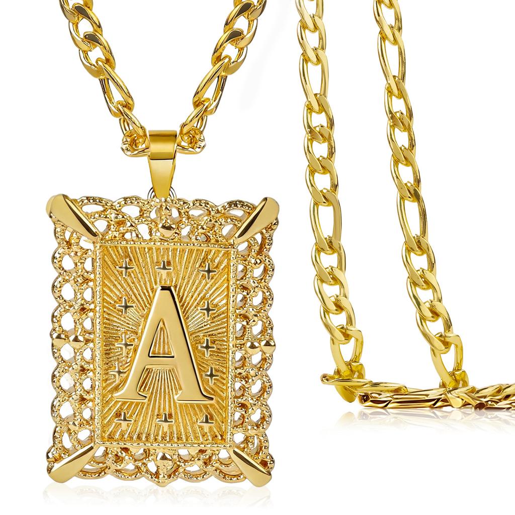 Vintage Square Hollow 26 Letter Pendant Necklace,Gold Plated Figaro Chain Personalized Jewelry for Men Women