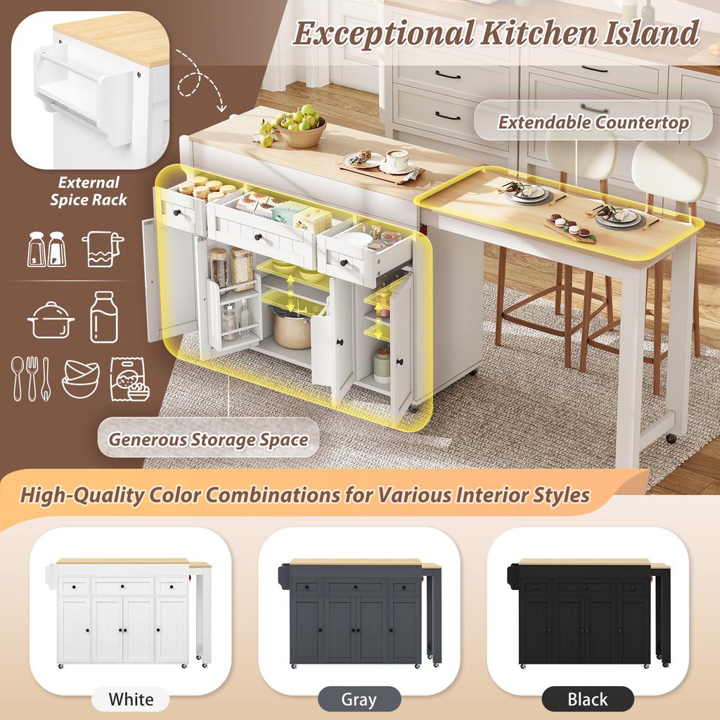 Kitchen Island on Wheels, Extendable Dining Area with Spice Rack and Drawers, Mobile Freestanding, Ideal for Kitchen and Dining Room (White)