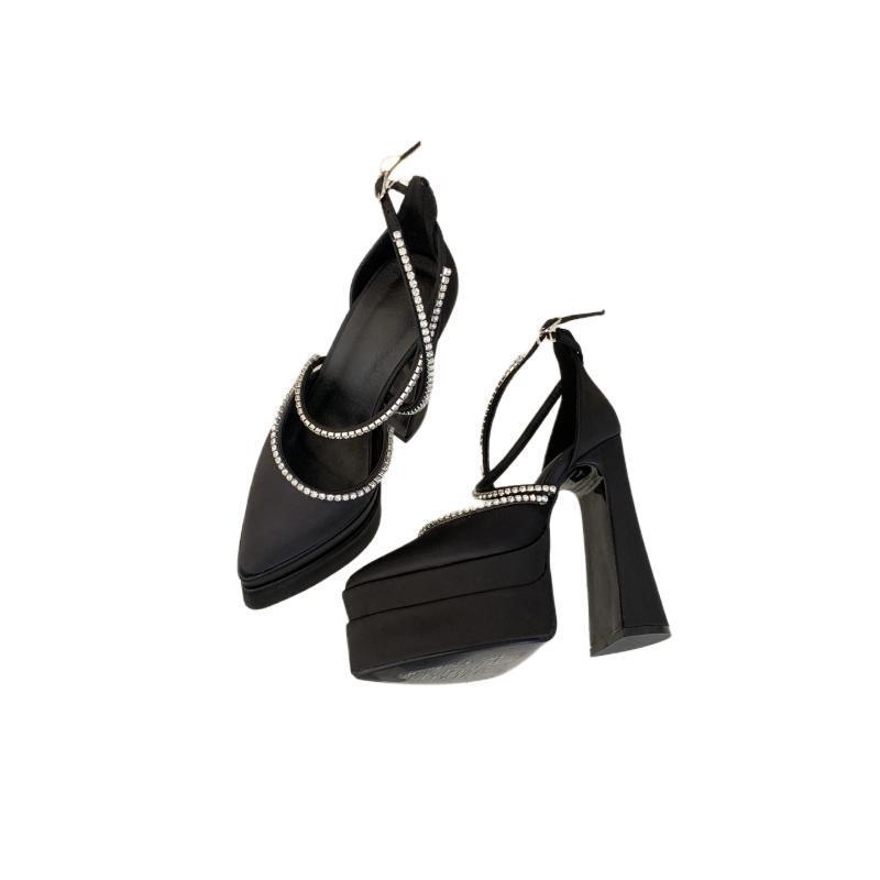 15см Весна-Лето 2025 Новые Туфли на Платформе и Толстом Каблуке Ненавижу Небоскребы Остроносые Атласные Туфли на Высоком Каблуке Женские Одинарные Туфли