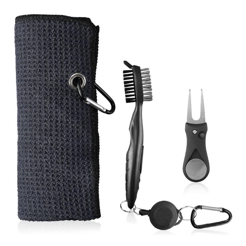 Multi-in-1 Golf Club Cleaning Set Microfiber Towel Brush Divot Tool Line Marker and Pitch Repair Tool for Men Women