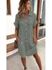 2024 Women's Casual Cotton Linen Short Sleeve Dress – Solid Color, Mid-length, Button-Down