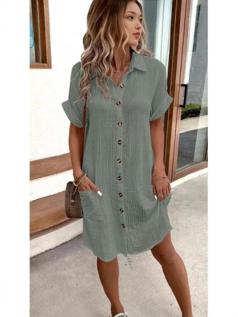2024 Women's Casual Cotton Linen Short Sleeve Dress – Solid Color, Mid-length, Button-Down