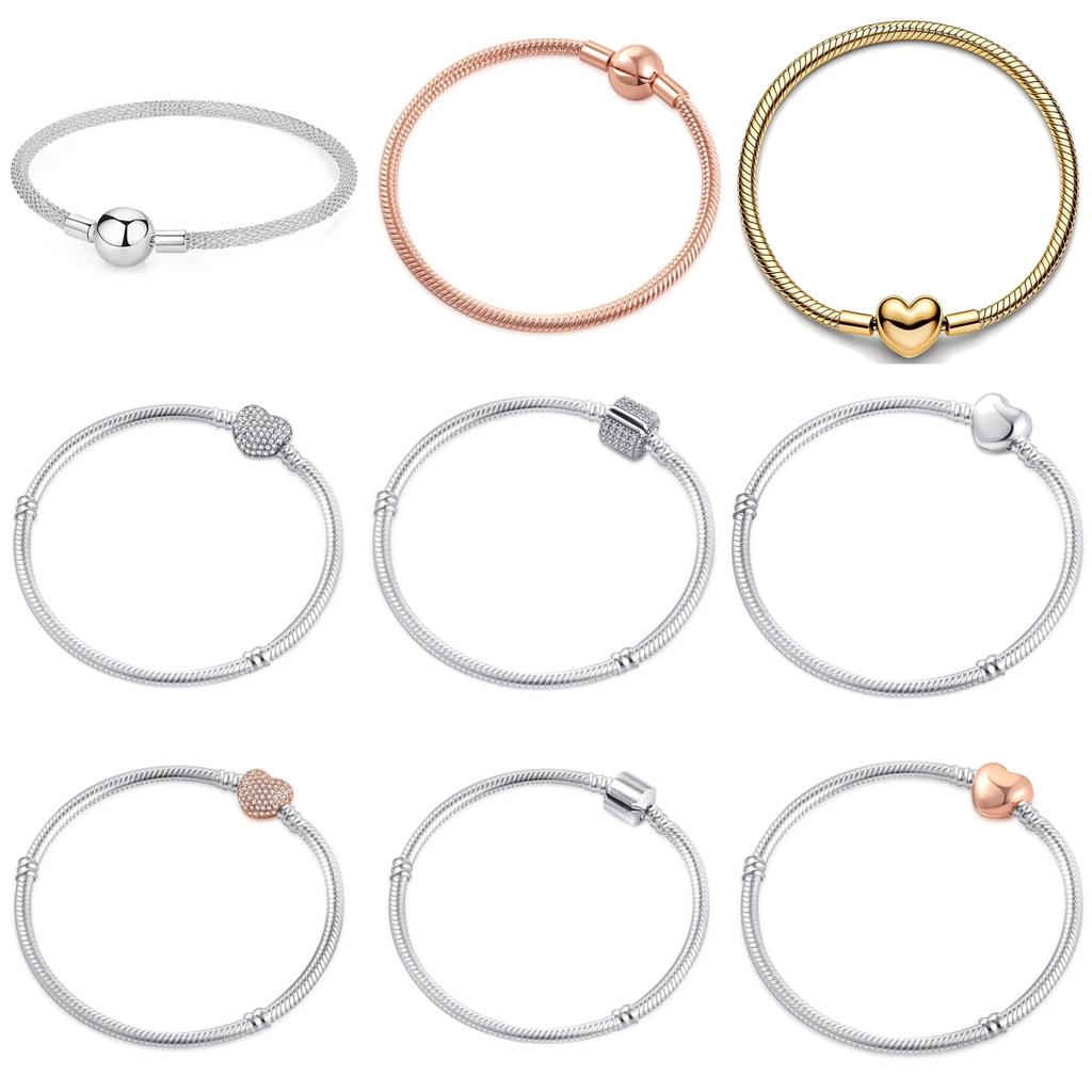 925 Sterling Silver Snake Chain Bracelet for Women Heart Cubic Zirconia Charms Bangle Rose Gold Plated DIY Fashion Jewelry Gift