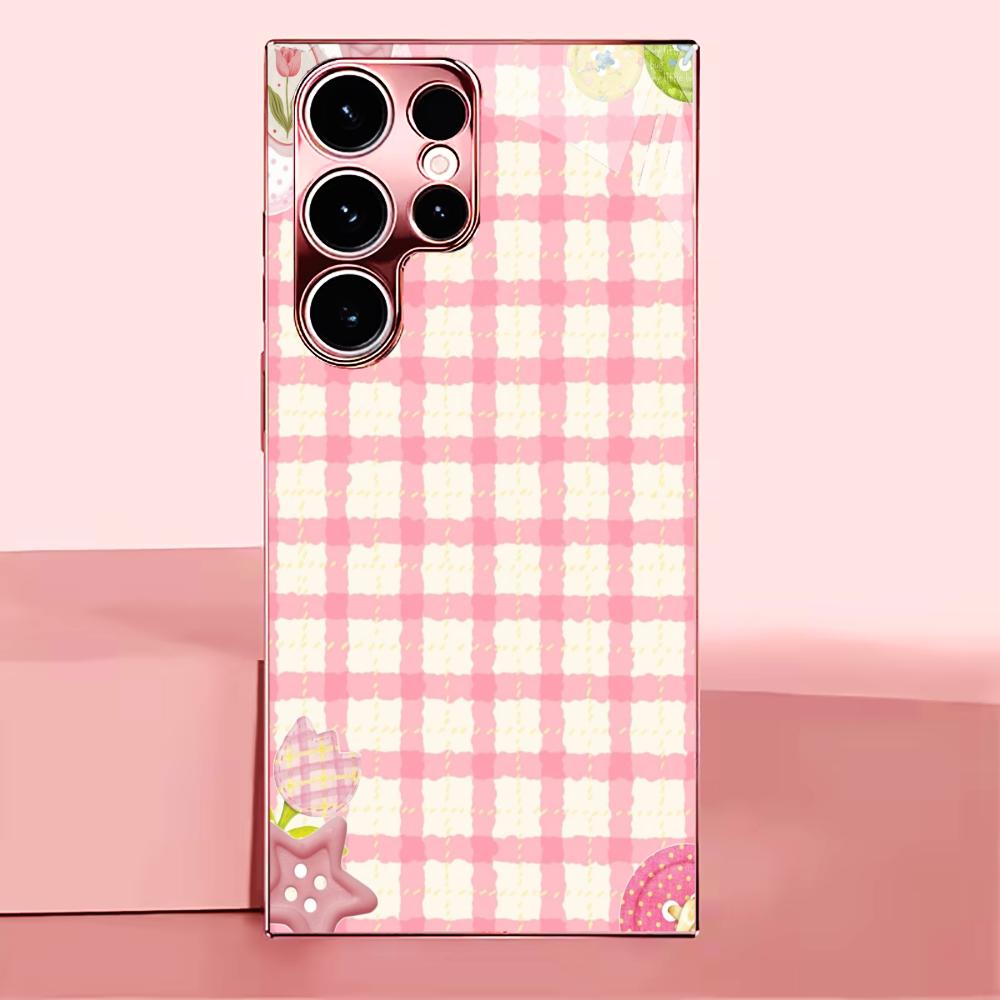 Новый Милый клетчатый чехол для телефона с рисунком девочки для Samsung Galaxy S26 S25 S24 S23 S22 FE Ultra Plus Встроенное стекло ощущение голого телефона Мужчины женщины