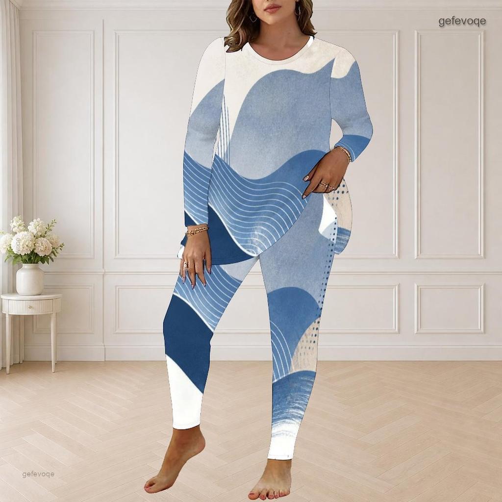Women Plus Size Blue White Printed Two Piece Set Round Neck Long Sleeve Longline Top Fitted Pants