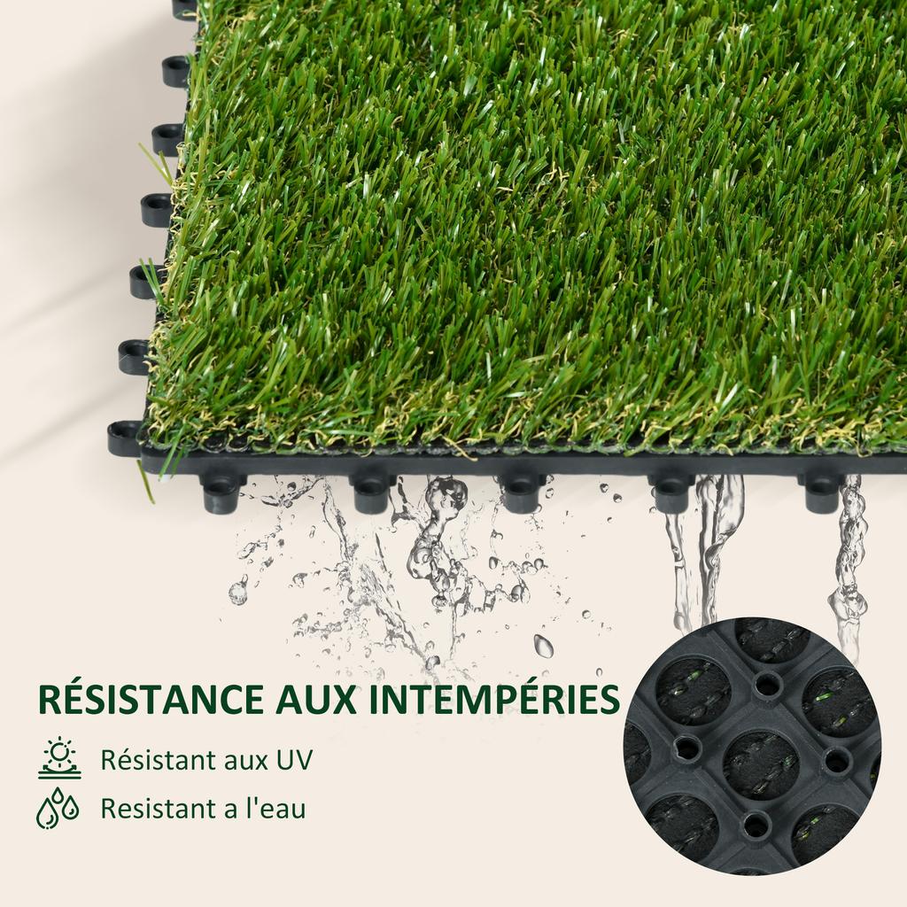 Artificial Synthetic Grass Tiles, Set of 10, 30 x 30 cm, Thickness 3.5 cm, Interlocking, Green