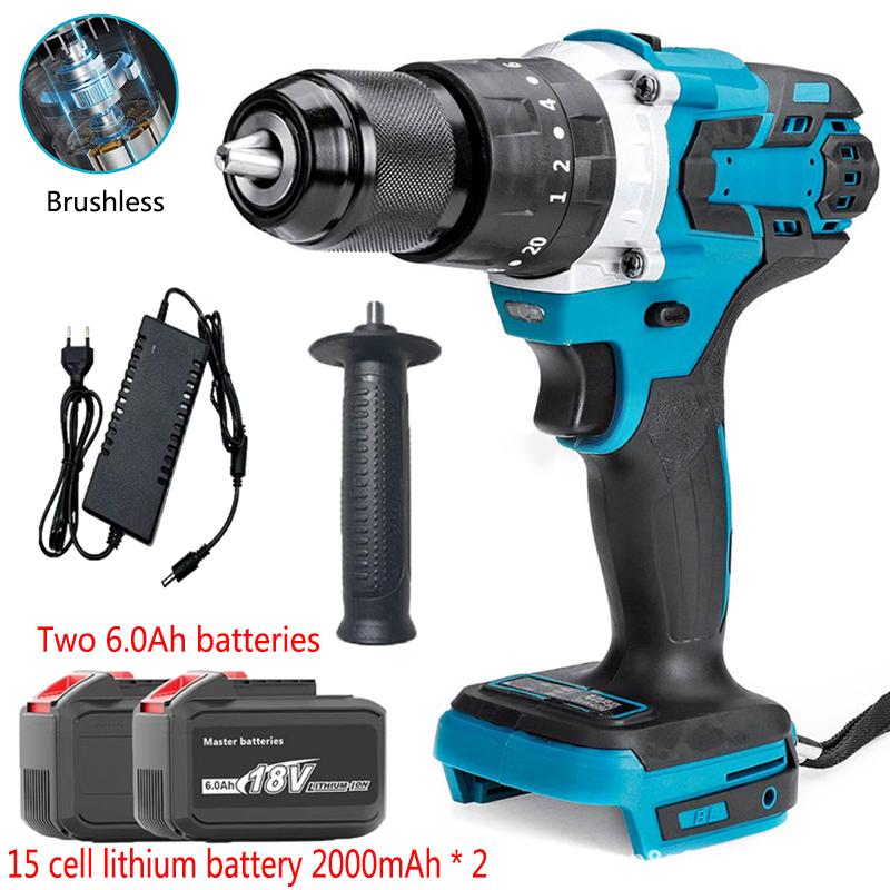 18 В 13 мм бесщеточная электрическая дрель, аккумуляторная ударная дрель, 130 Н/м, шуруповерт, дрель, может сверлить лед, электроинструмент с двумя батареями