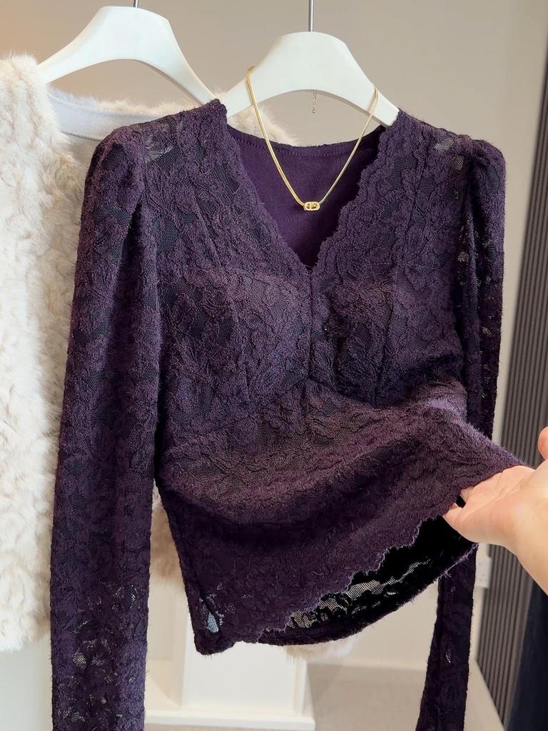 Женская сексуальная кружевная блузка с V-образным вырезом и чашечками - Облегающая, с длинным рукавом, подчеркивающая талию, для осени/зимы 2025