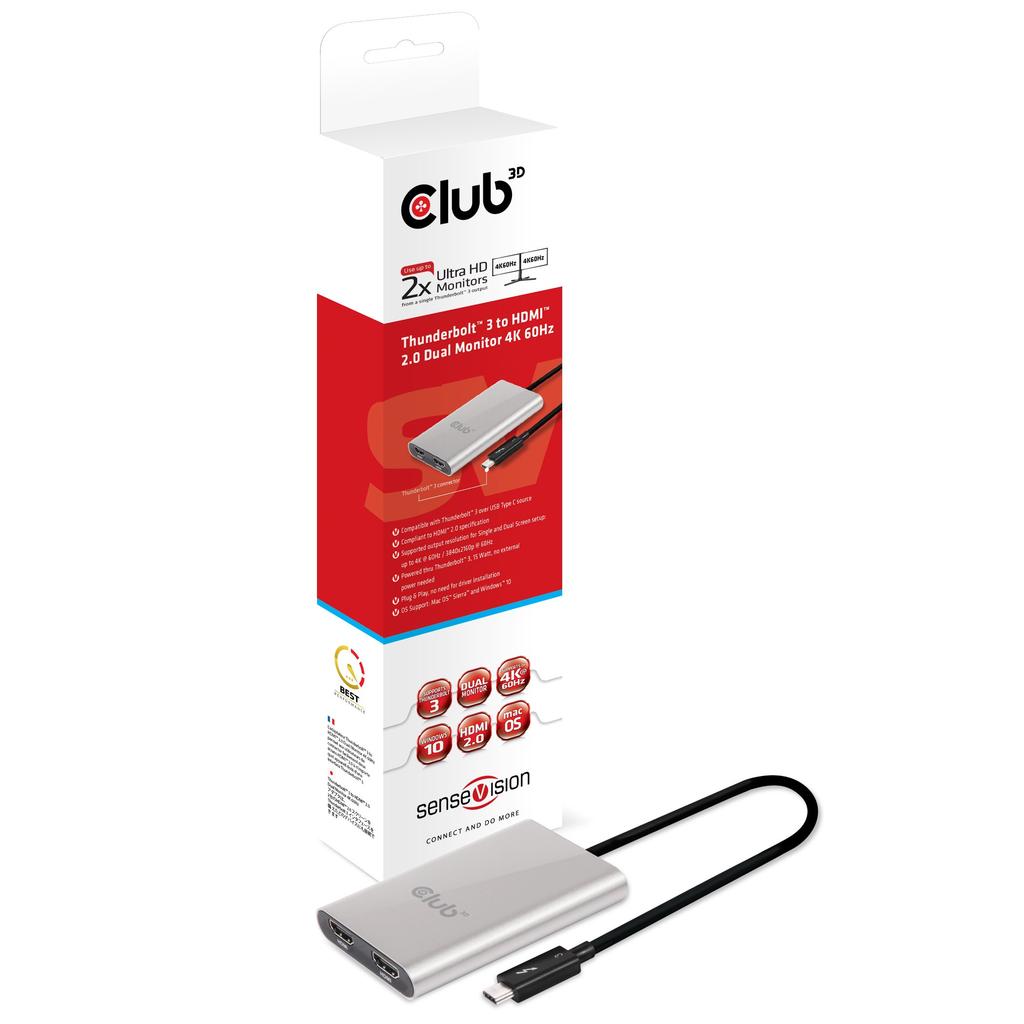 Club3D SenseVision Thunderbolt™ 3 to HDMI™ 2.0 Dual Monitor 4K 60Hz Dual Display Distribution Hub for Mac and Windows (CSV-1574)