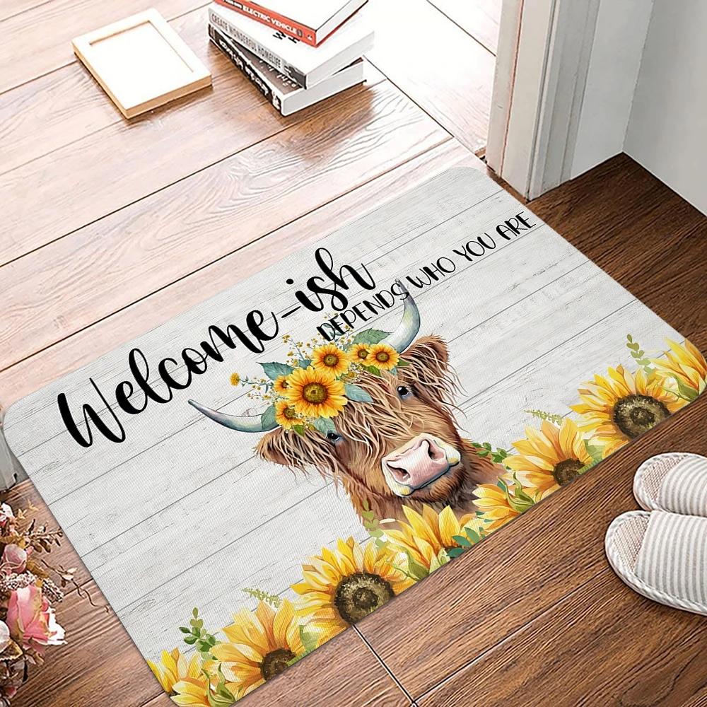 VIKAMA Highland Cow Welcome Doormat Indoor/Outdoor Non-Slip Entrance Rug Kitchen & Bedroom Floor Mat Rustic Home Decor