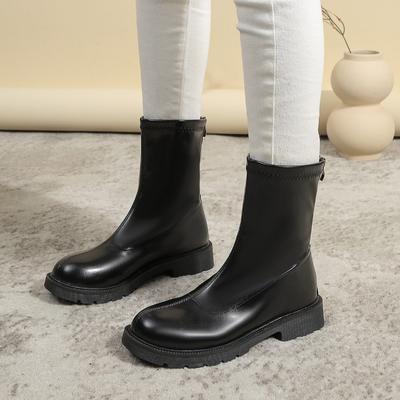 Женская обувь 2024 года, модные базовые женские ботинки с застежкой-молнией сзади, ботинки до середины голени, женские туфли с круглым носком и квадратным каблуком на низком каблуке для женщин