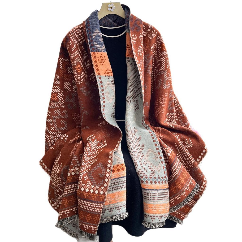 Scarf Shawl Women'S Winter Imitation Cashmere Warm Embroidery Shawl Middle-Aged Ethnic Style Cape Scarf Wonderful Outside
