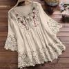Summer Women Casual Solid Tops Shirt Cotton and Linen Stitching Lace Flower V-neck Loose Top Blouse Elegant Holiday Shirts